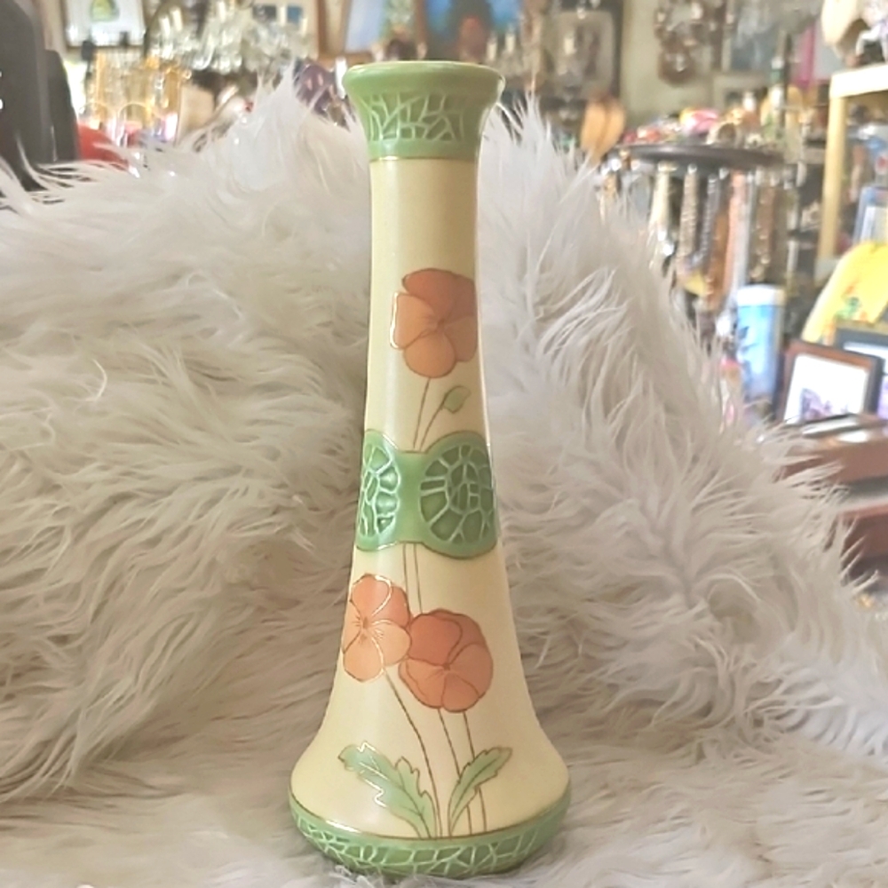Floral Ceramic Vase with Green Accents